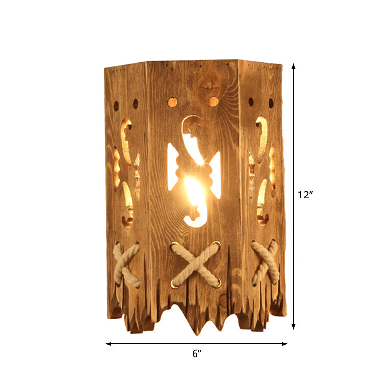 Wood Cylinder Shade Wall Lamp Country Style 1 Head Brown Wall Light for Restaurant
