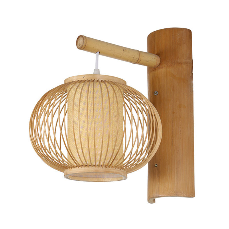 Wood Pumpkin Wall Lamp contemporary bamboo 1-bulb wall light with inner cylinder parchment shade
