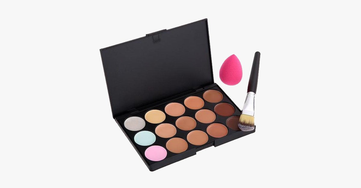 15 colors concealer palette with angled brush & sponge – everything in one kit!