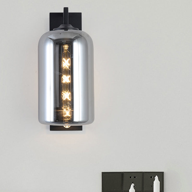 Mason Jar Shaped Wall Lamp Retro Style Enclosed Glass 1 Bulb Wall Light with Arm in Black