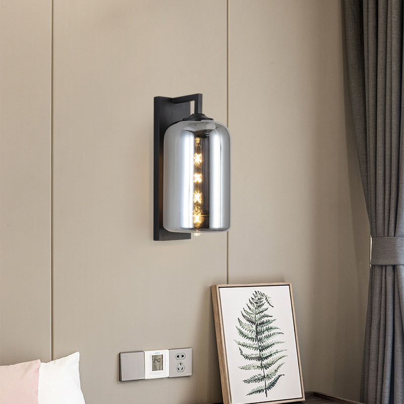 Mason Jar Shaped Wall Lamp Retro Style Enclosed Glass 1 Bulb Wall Light with Arm in Black