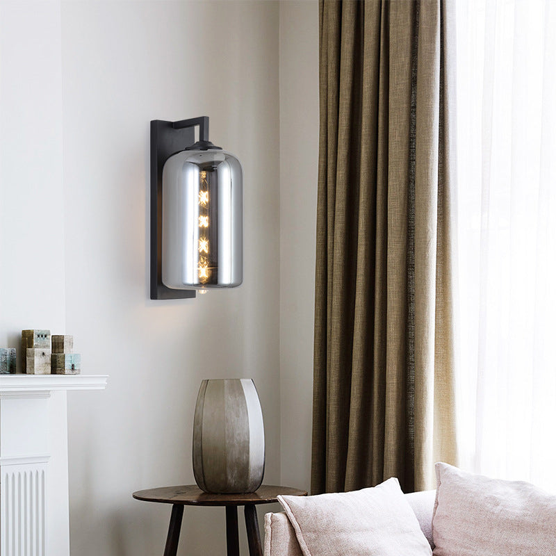 Mason Jar Shaped Wall Lamp Retro Style Enclosed Glass 1 Bulb Wall Light with Arm in Black