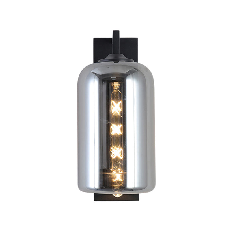 Mason Jar Shaped Wall Lamp Retro Style Enclosed Glass 1 Bulb Wall Light with Arm in Black