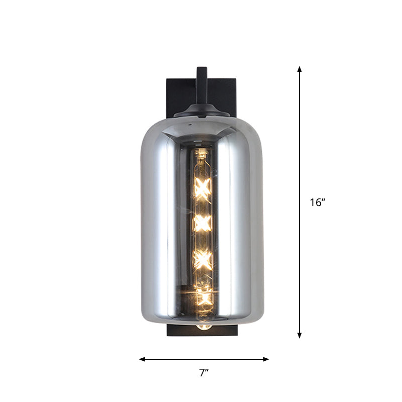 Mason Jar Shaped Wall Lamp Retro Style Enclosed Glass 1 Bulb Wall Light with Arm in Black