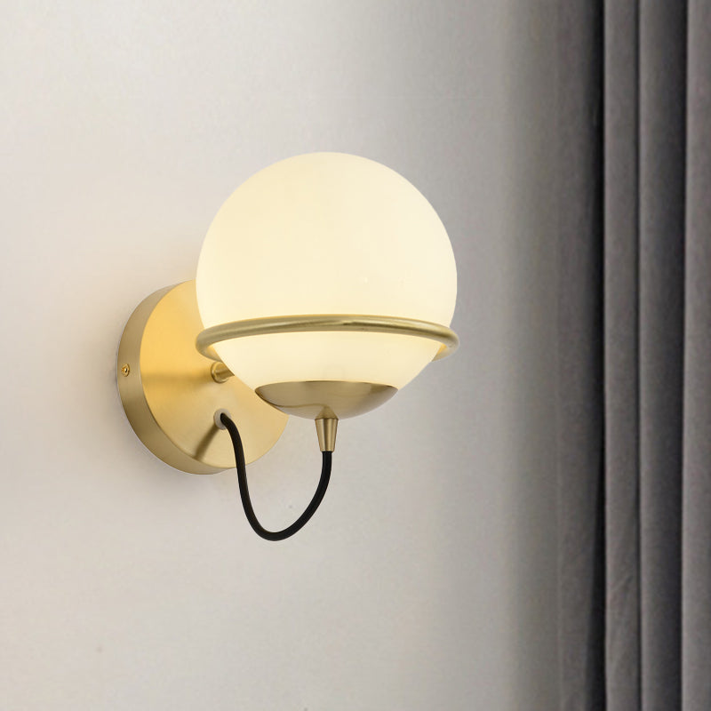 Single Wall Mounted Spherical Wall Light Contemporary Matte White Glass Brass Wall Light Fixture