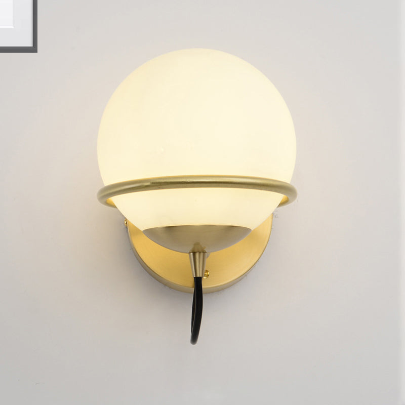 Single Wall Mounted Spherical Wall Light Contemporary Matte White Glass Brass Wall Light Fixture