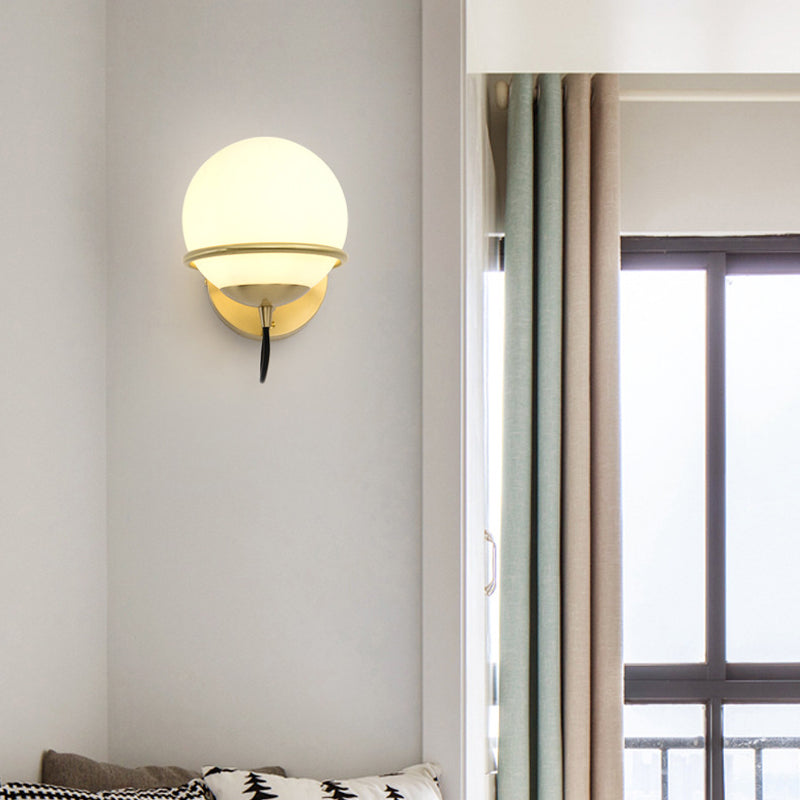 Single Wall Mounted Spherical Wall Light Contemporary Matte White Glass Brass Wall Light Fixture