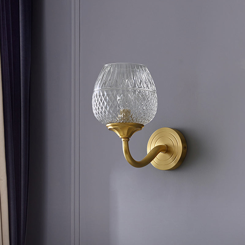 Grid Brandy Glass Wall Lamp Contemporary Single Brass Wall Mounted Light with Curved Arm