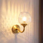 Grid Brandy Glass Wall Lamp Contemporary Single Brass Wall Mounted Light with Curved Arm