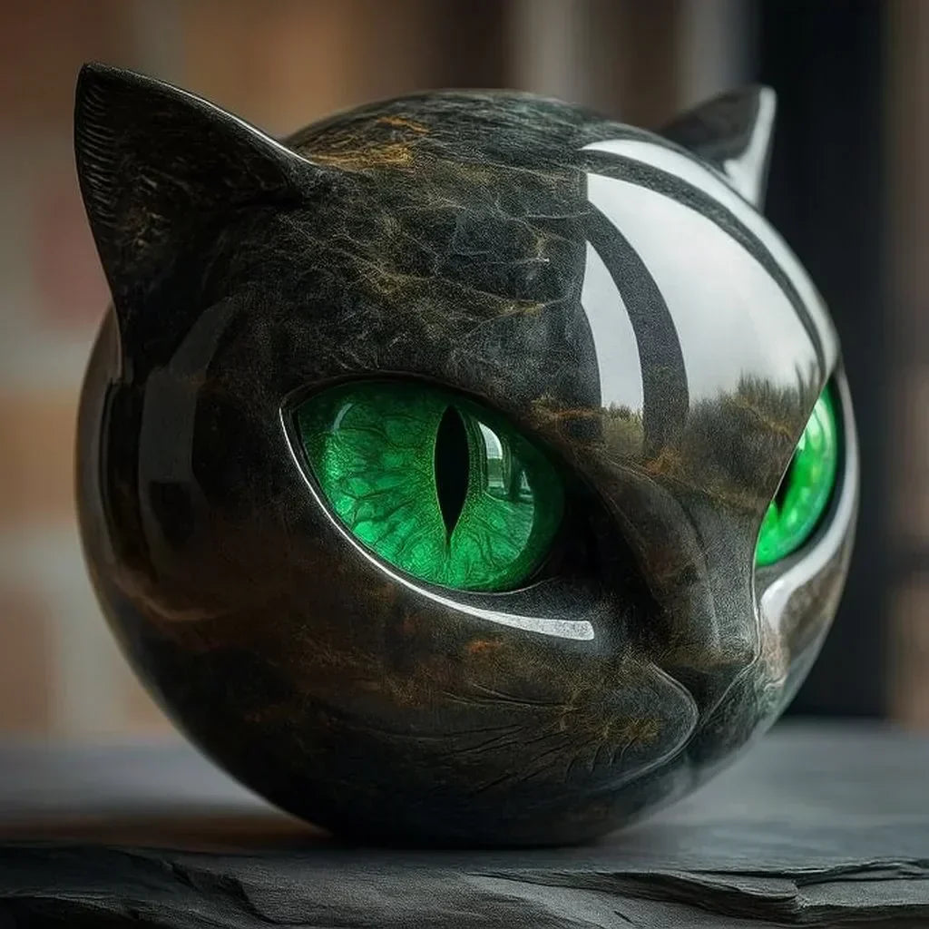 NoirCat Sculpture – Black Cat Head with Hypnotic Eyes