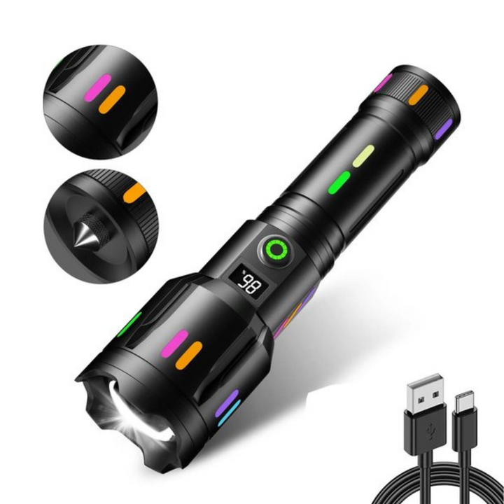 LED Flashlight With Power Display – Rechargeable High-Performance Flashlight With Glass Breaker & USB-C