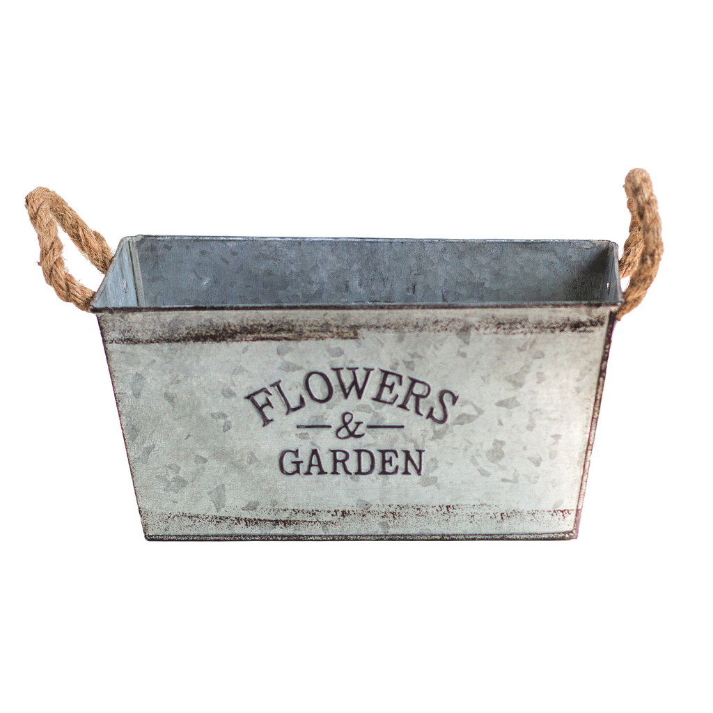 Decorative flower and garden container made of metal with hemp rope handles