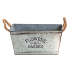 Decorative flower and garden container made of metal with hemp rope handles
