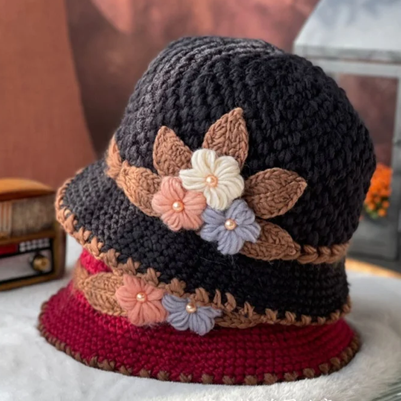 French Thick Women's Flower Knit Wool Hat