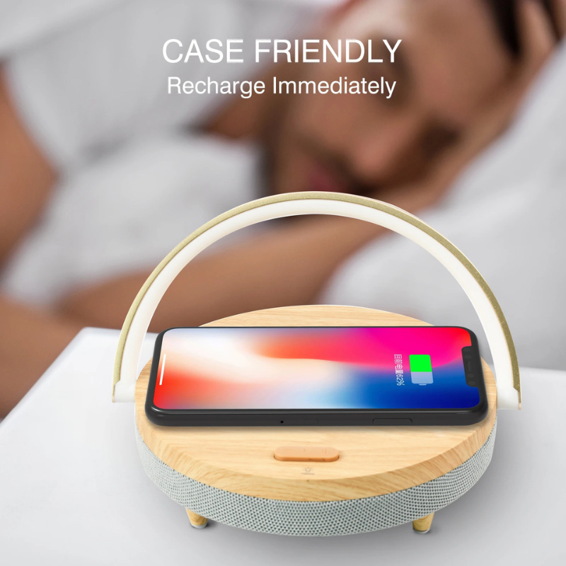 Multifunctional Wooden Table Lamp with Bluetooth Speaker & Wireless Charger