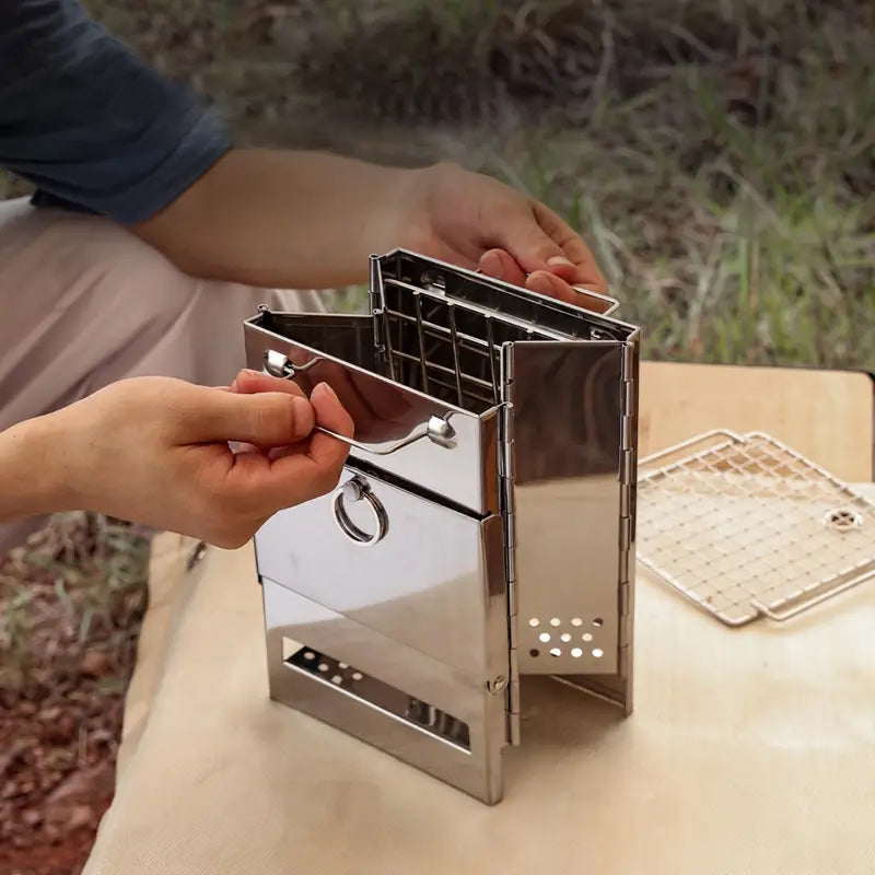 Outdoor Folding Wood Stove Mini Stainless Steel Grill Camping Picnic