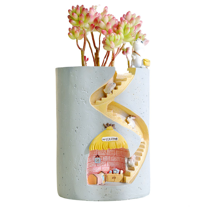 Decorative plant pot with hedgehog and rabbit miniature – Creative staircase design for plants
