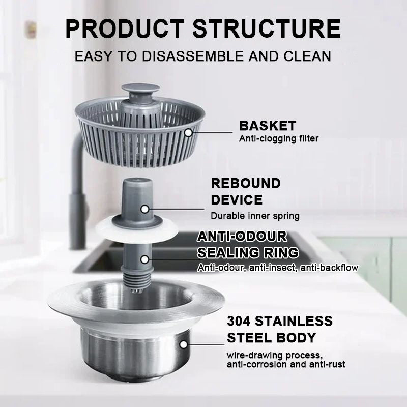 3-in-1 Sink Drain Strainer with Anti-Clogging and Odor Control