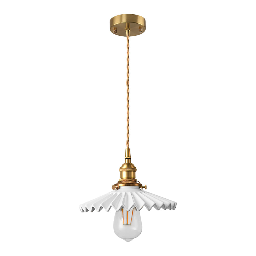 Vintage ceramic pendant lamp with pleated design – brass LED pendant light for dining room and living room