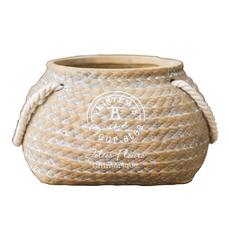 Ceramic Plant Pot in Hemp Bag Design with Rope Handles – Decorative Flower Pot for Garden and Home