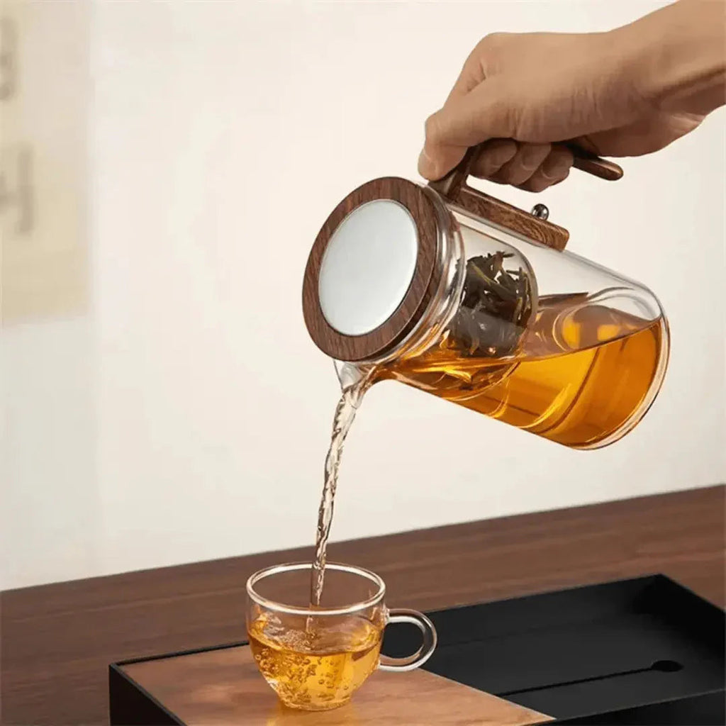 Elegant Teapot Made of Glass with Wooden Handle – Transparent Teapot for Tea Enjoyment
