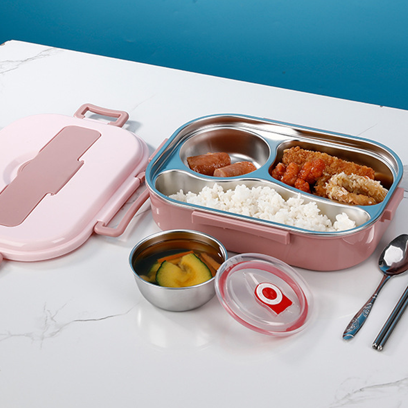Thermo-Lunchbox made of stainless steel – inside made of stainless steel – 3 or 4 compartments with soup bowl – wall clock