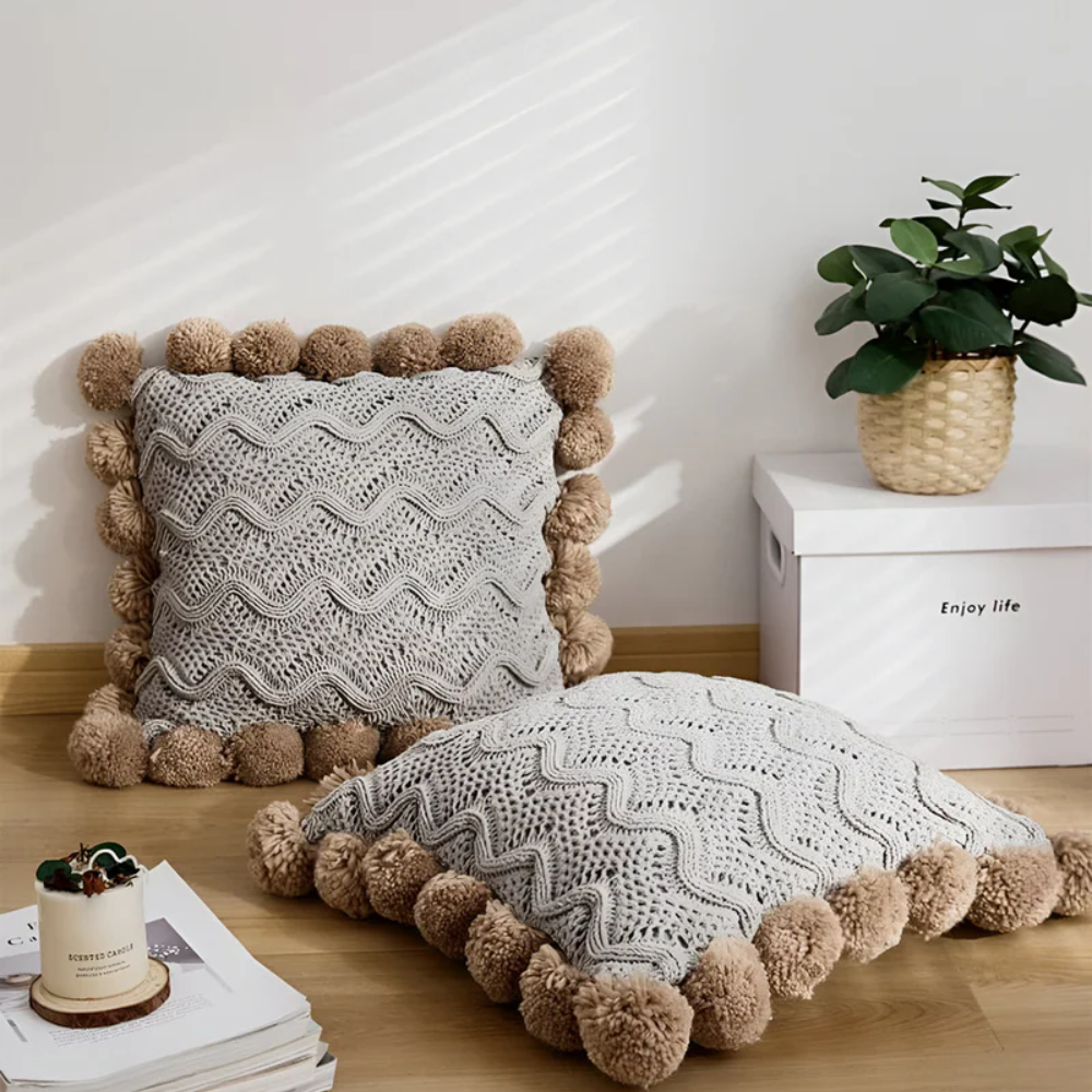 Knitted Cushion Cover with Tassels in Boho Style