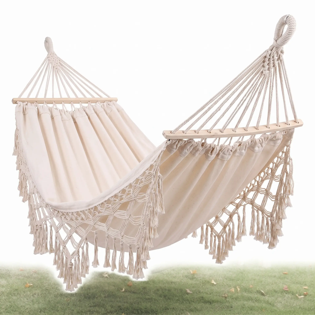 200x150cm Double Outdoor Camping Fringe Canvas Hammock with Pole (White)