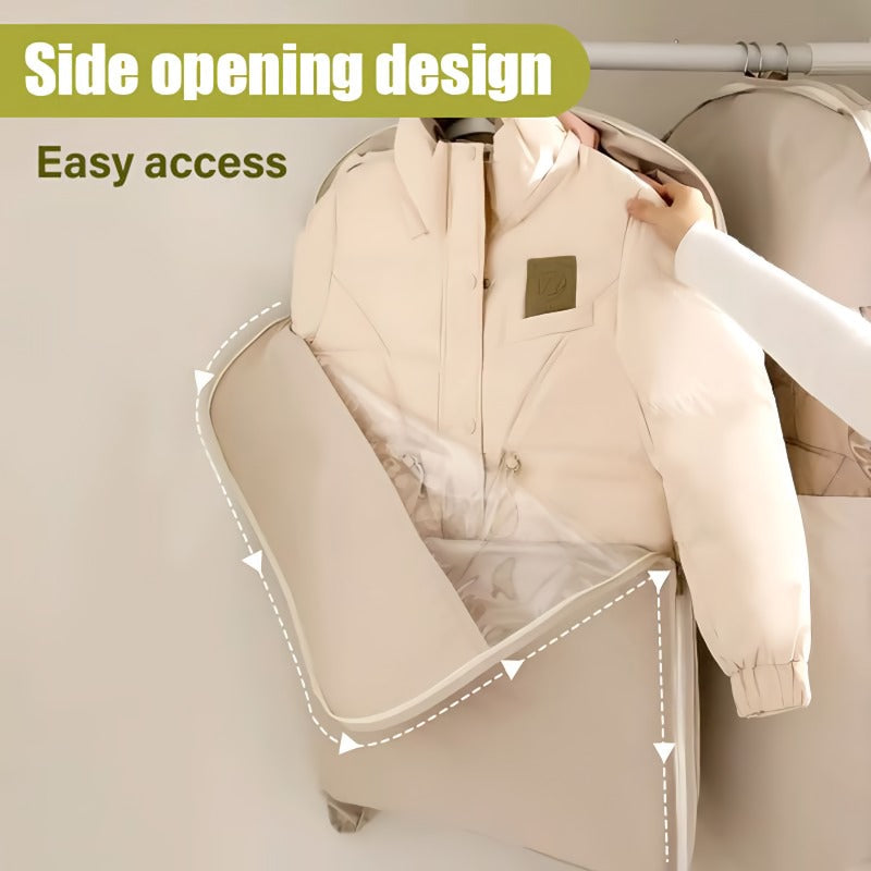 Space saving hanging garment bag with self-compressing zipper