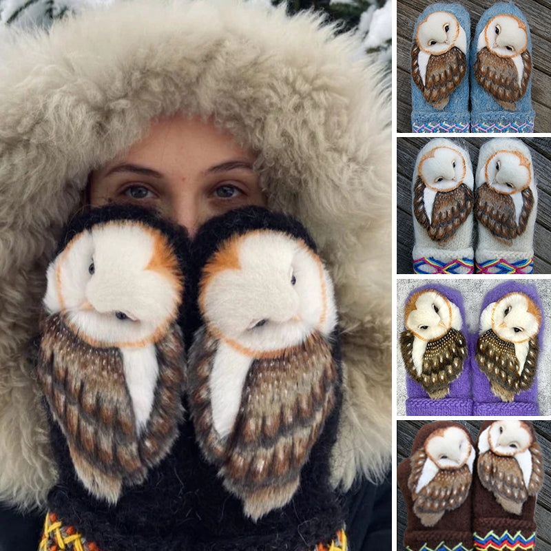 Handknitted Nordic gloves made of wool with owls