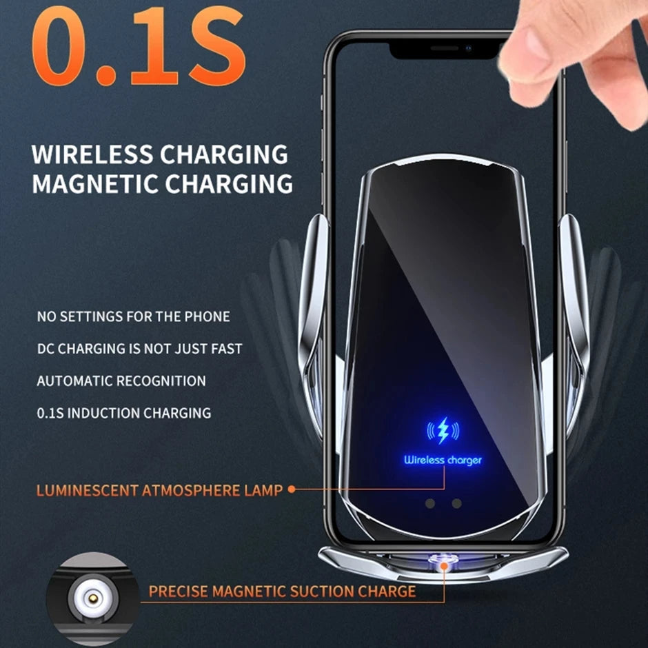 2-in-1 Wireless Car Charger & Phone Holder Automatic Clamping - Fast Charging Secure Universal Compatibility Adjustable & Practical