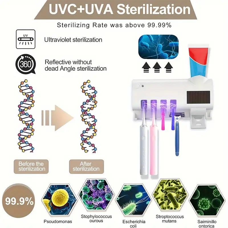 Smart UV Light Sterilizer Toothbrush Holder, Wall Mounted Toothpaste Dispenser