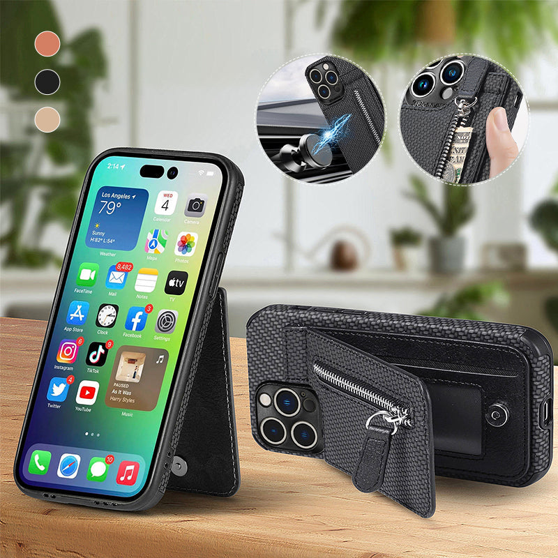 Magnetic zipper wallet case with credit card holder