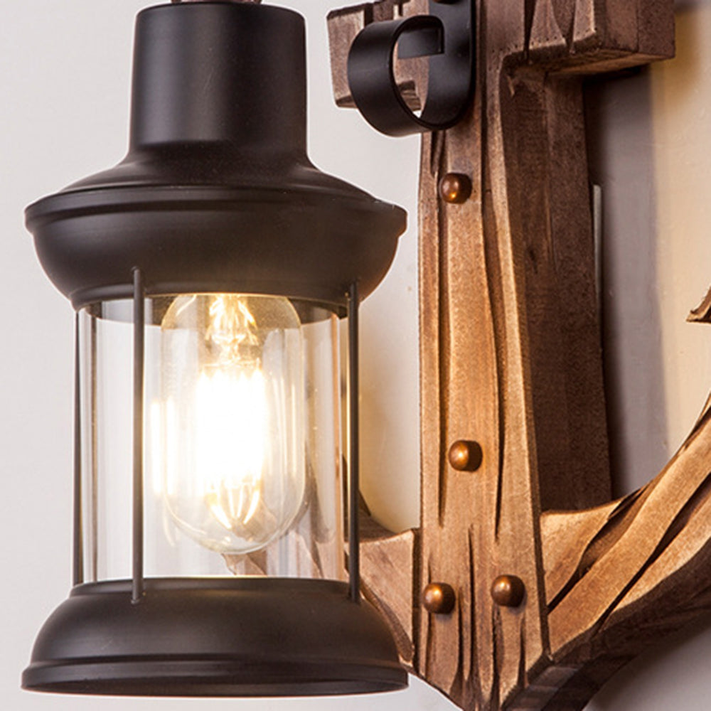 Rustic Wood Anchor Wall Lamp with Lantern