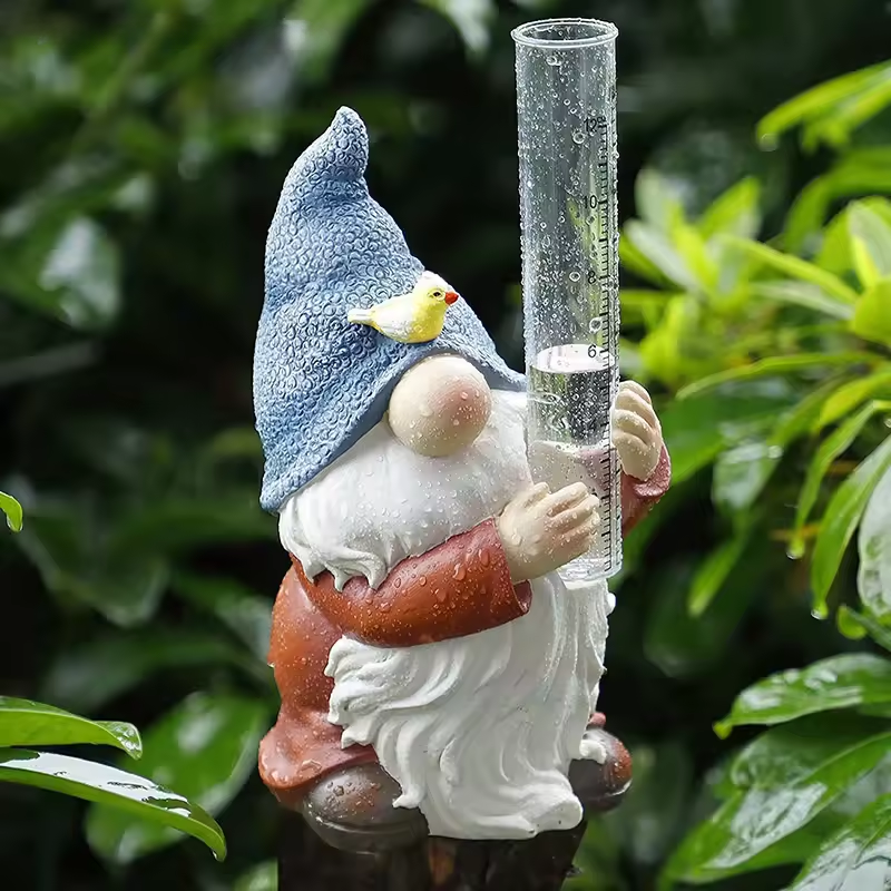 Gnome Garden Statue with Resin Rain Gauge