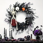 Halloween Door Wreath with Skeleton and Pumpkin – Atmospheric Seasonal Decoration