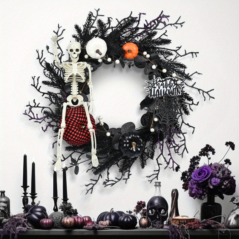 Halloween Door Wreath with Skeleton and Pumpkin – Atmospheric Seasonal Decoration