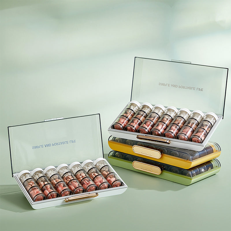 Portable high-capacity weekly pill box