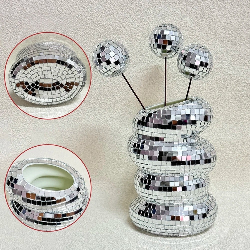 Mirror-clad disco vase with retro charm and modern flair
