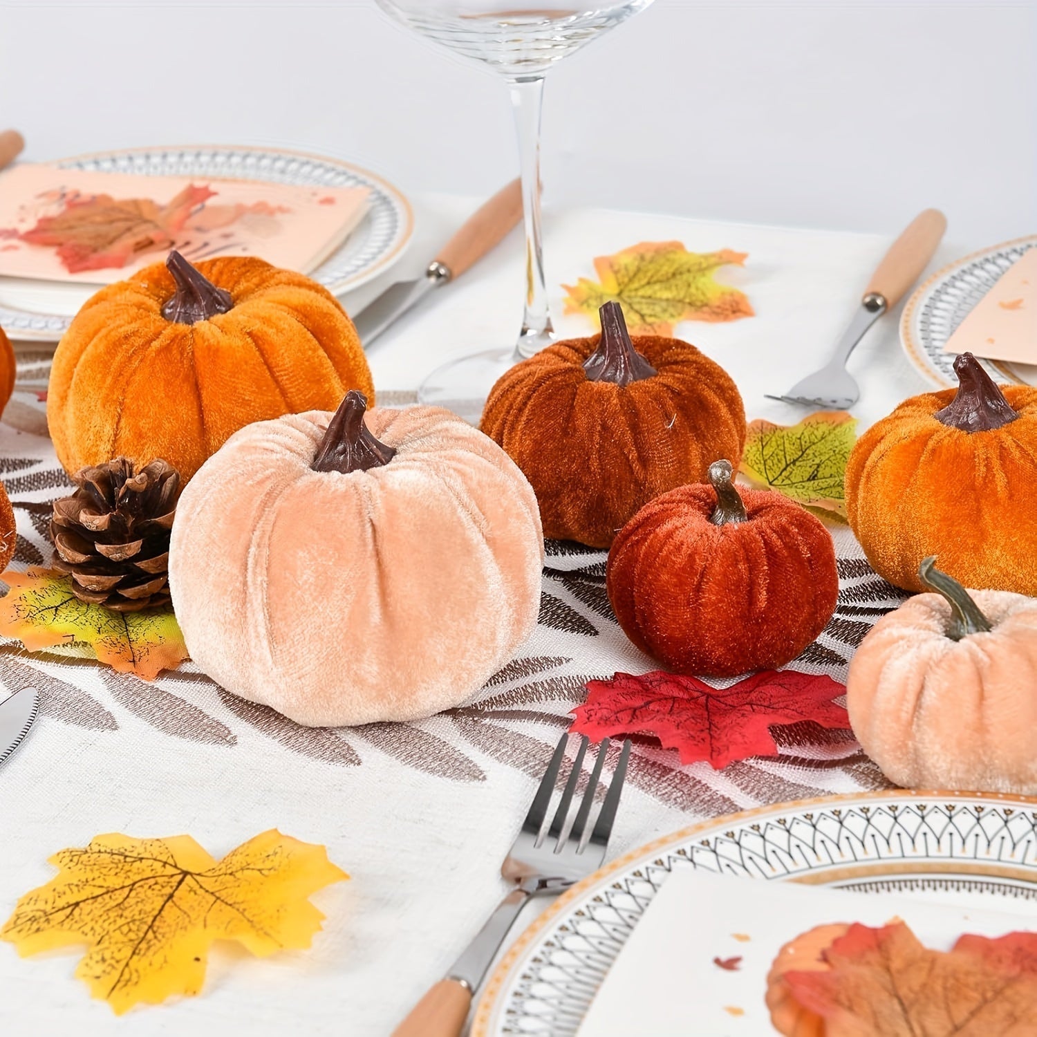 Autumn Decoration Pumpkin Set – 12 Pieces Artificial Pumpkins with Velvet Finish
