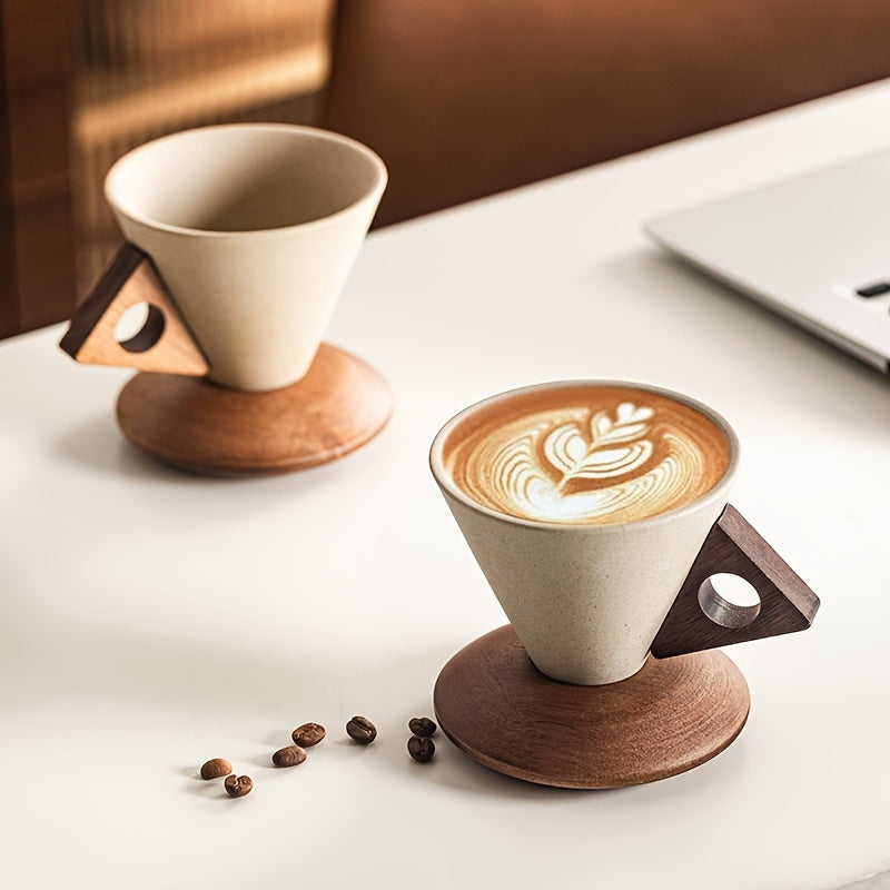 BaristaLuxe Ceramic Coffee Mug 250ml – Handcrafted with Wooden Handle and Saucer
