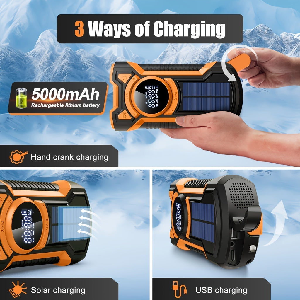 All-in-One Emergency Radio with Hand Crank, Solar Panel, Flashlight & USB Charger – Ideal for Camping and Outdoor Activities