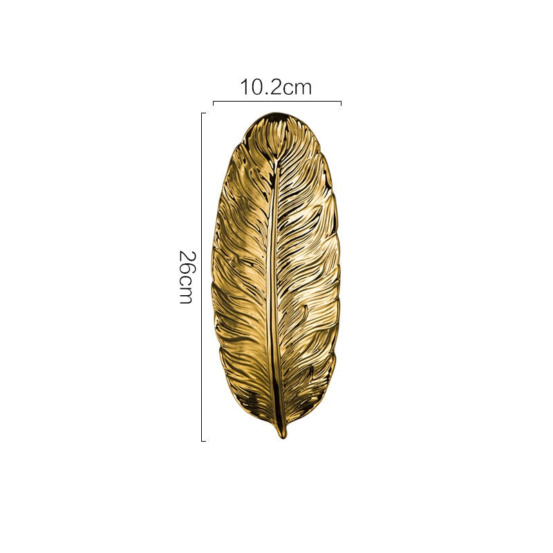 Nordic Light Luxury Style on Golden Feather Plate Retro Jewelry Plate Storage Plate Snack Plate Home Decor