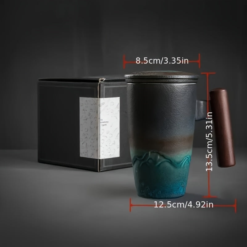 TeaCraft Ceramic Mug | Handmade | With Tea Infuser & Wooden Handle | Retro Design