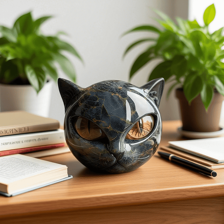 NoirCat Sculpture – Black Cat Head with Hypnotic Eyes