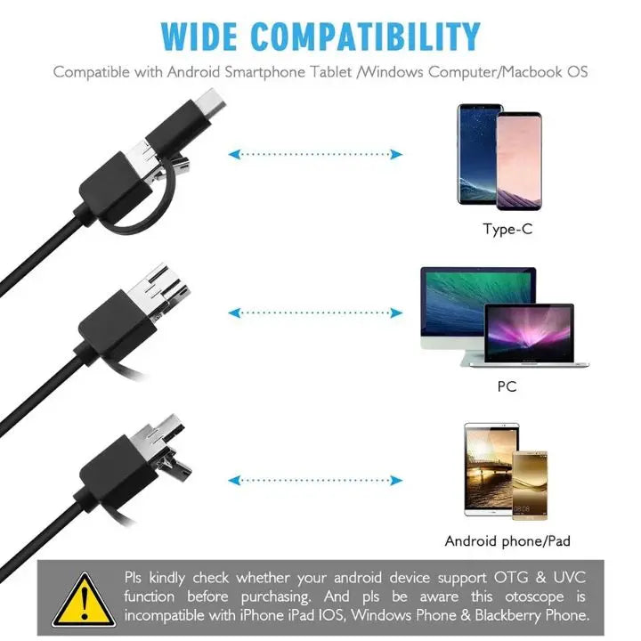 3-in-1 USB Endoscope Camera – Waterproof, Flexible with 6 LED Lights