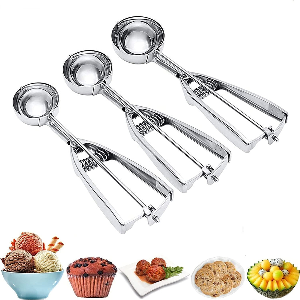 3-Piece Set: Stainless Steel Cookie Scooper with Trigger