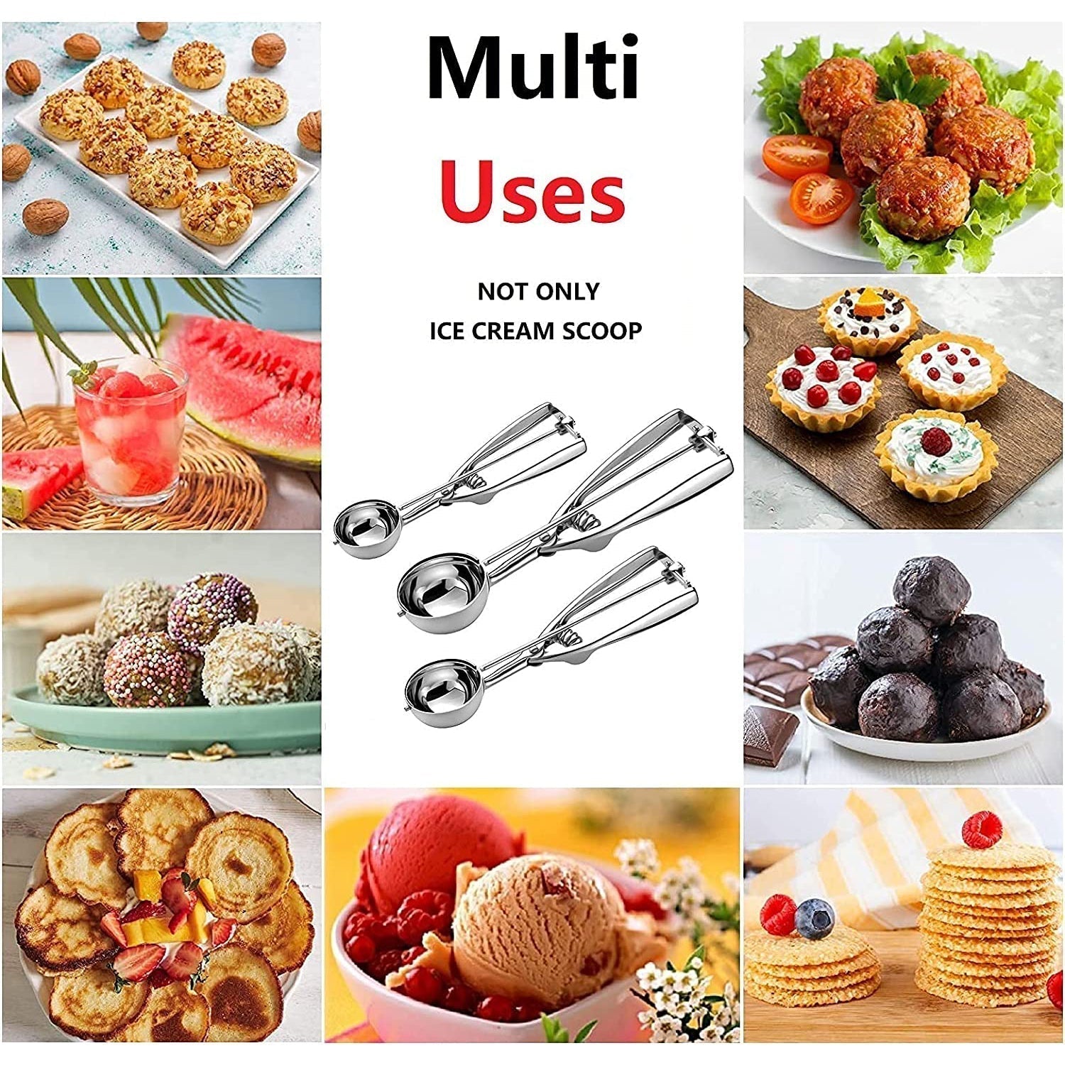 3-Piece Set: Stainless Steel Cookie Scooper with Trigger
