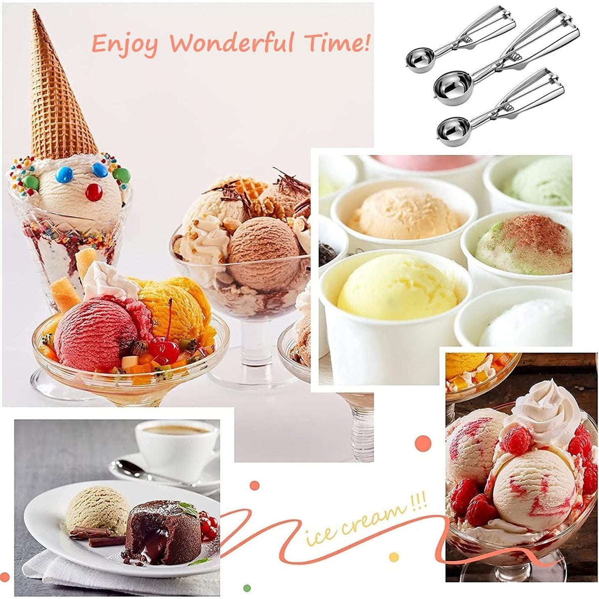 3-Piece Set: Stainless Steel Cookie Scooper with Trigger