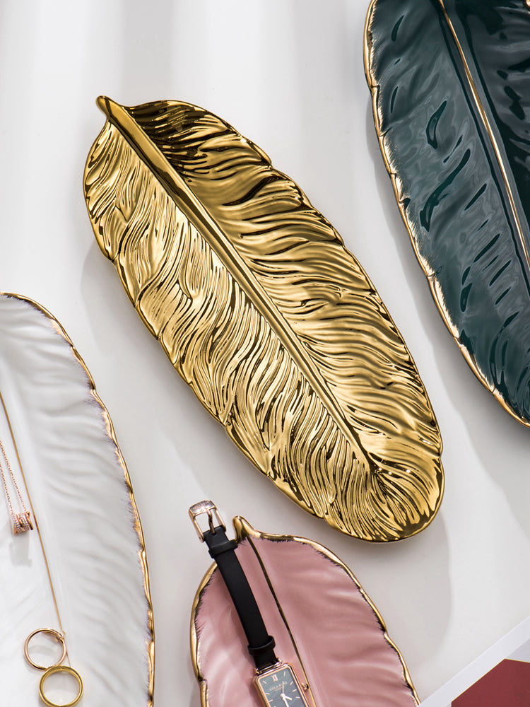 Nordic Light Luxury Style on Golden Feather Plate Retro Jewelry Plate Storage Plate Snack Plate Home Decor